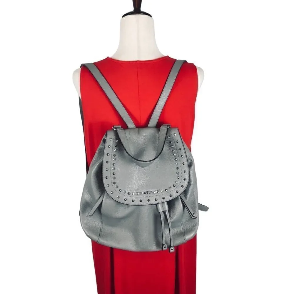 Michael Kors Riley rhinestone studded gray pebble drawstring leather backpack